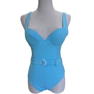 LAVARICE Light Blue Belted One Piece Swimsuit